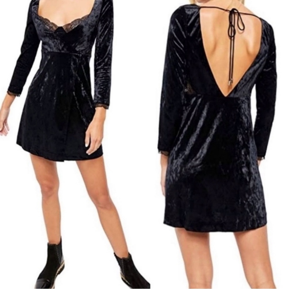 Free People Dress Womens XL Black Velvet kat Mini Lace Trim Party Cocktail